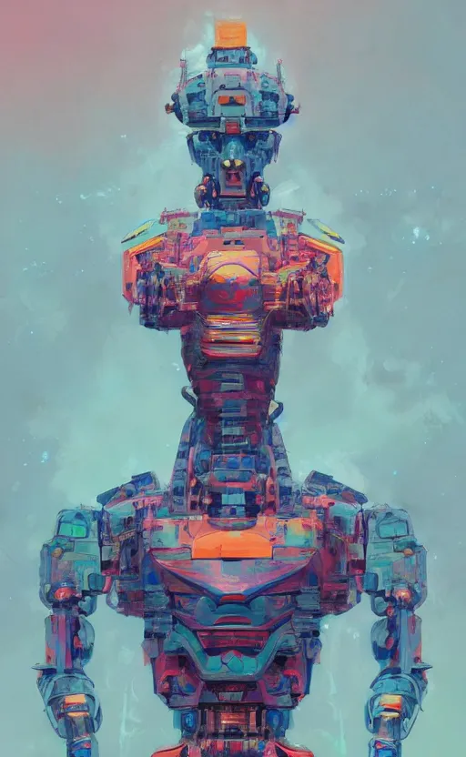 Image similar to upper half portrait of colourful army mecha robot, art by hsiao - ron cheng & zdzisaw beksinski, highly detailed, digital painting, concept art, illustration, smooth sharp focus, intricate, symmetry, artstation,