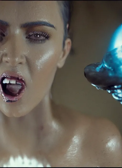 Prompt: film still of kim kardashian being ingested by an xenomorph, alien goo, transparent goo, transparent liquid, saliva, 8 k