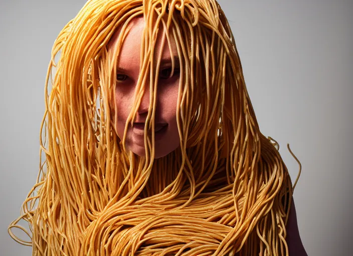 Image similar to Studio photograph of a person made of spaghetti, detailed photography, studio lighting