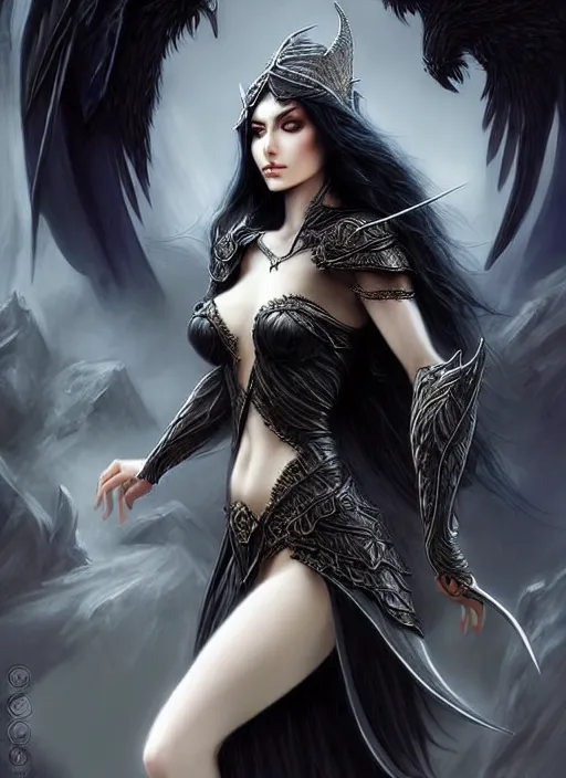 Prompt: d & d concept art of gorgeous elven woman with raven black hair in the style of stefan kostic, realistic, half body shot, sharp focus, 8 k high definition, insanely detailed, intricate, elegant, art by stanley lau and artgerm, luis royo, foggy black background, fantasy