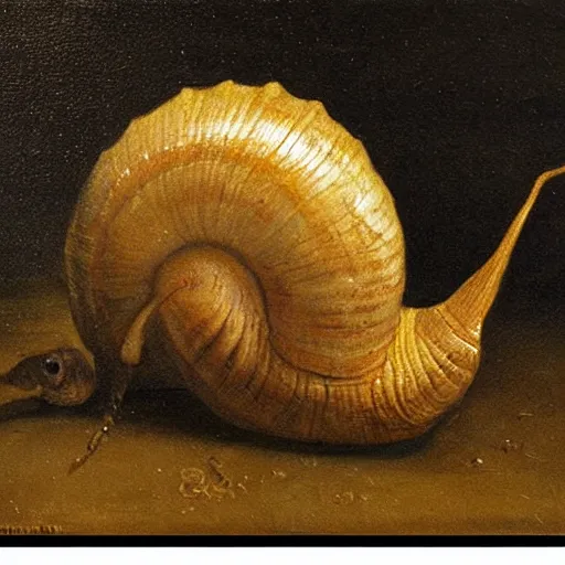 Prompt: oil painting of a creepy snail by rembrandt van rijn