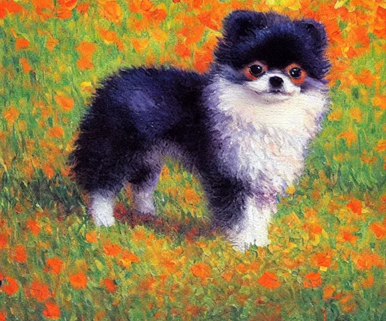 Image similar to pomeranian, cute, monet, oil painting