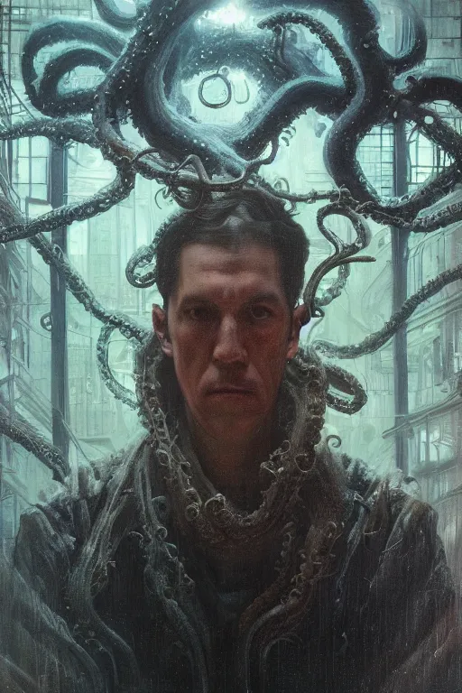 Prompt: , h p lovecraft with octopus tentacles and head of the cthulhu hyperrealistic portrait, bladerunner street, art of elysium by jeremy mann and alphonse mucha and greg rutkowski, fantasy art, photo realistic, dynamic lighting, artstation, poster, volumetric lighting, very detailed face, 4 k, award winning