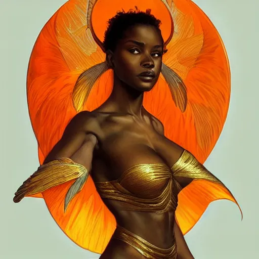 Image similar to portrait of very very very very very very beautiful african woman with angels wings, spacesuit, orange eyes, intricate, elegant, highly detailed, digital painting, artstation, concept art, smooth, sharp focus, illustration, art by artgerm and greg rutkowski and alphonse mucha