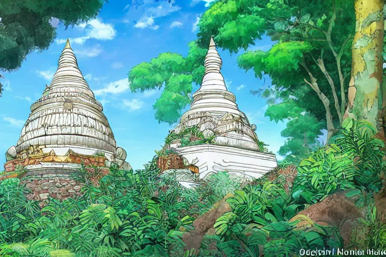 Image similar to sri lankan white stupa hidden in the jungle village, drawn by hayao miyazaki