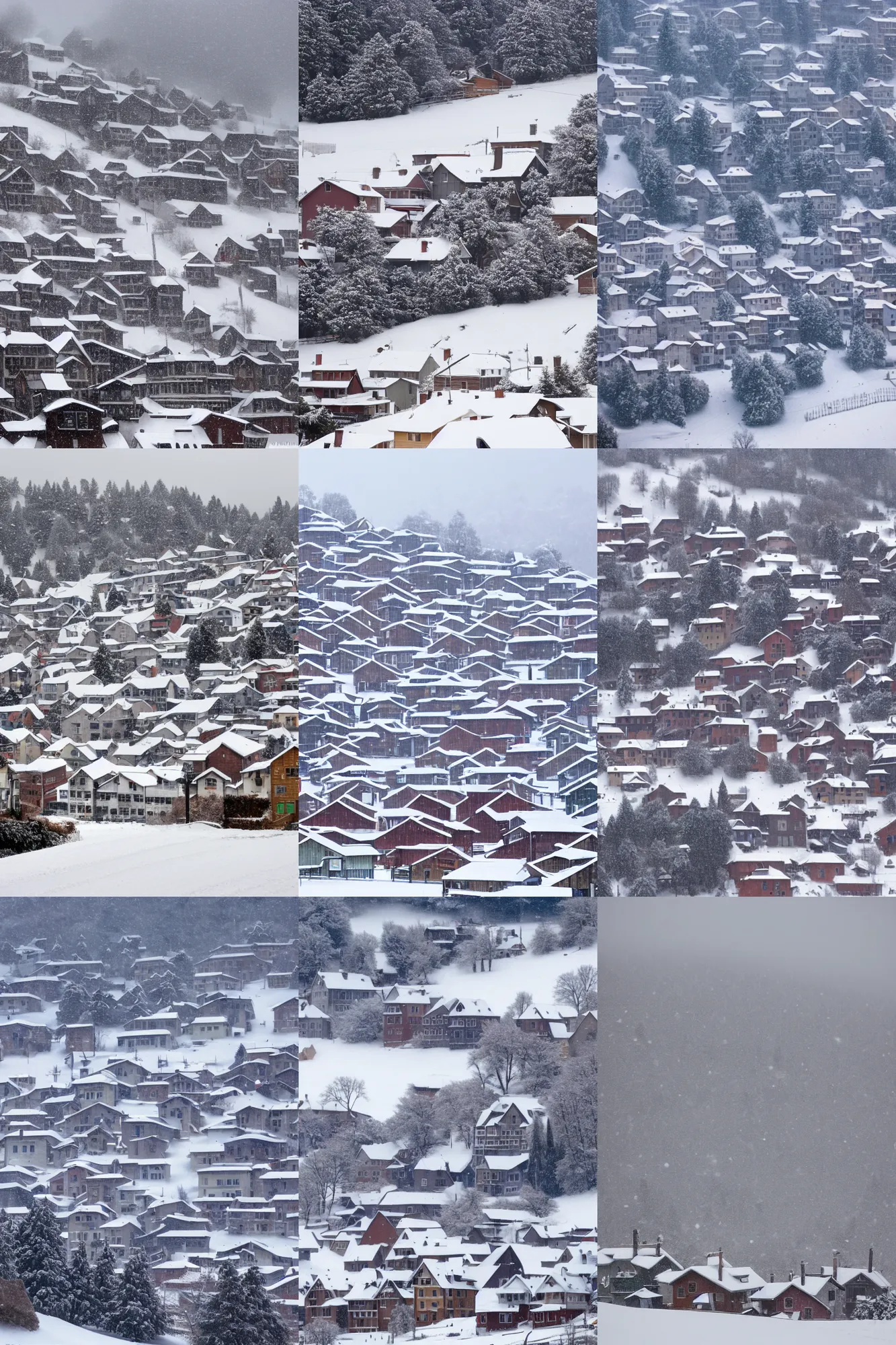 Prompt: steep narrow snow - covered hill with several houses with snow - covered roofs and a steep snow - covered road, pure white overcast sky, view up from the foot of the hill, 2 0 0 mm zoom lens, by aert van der neer