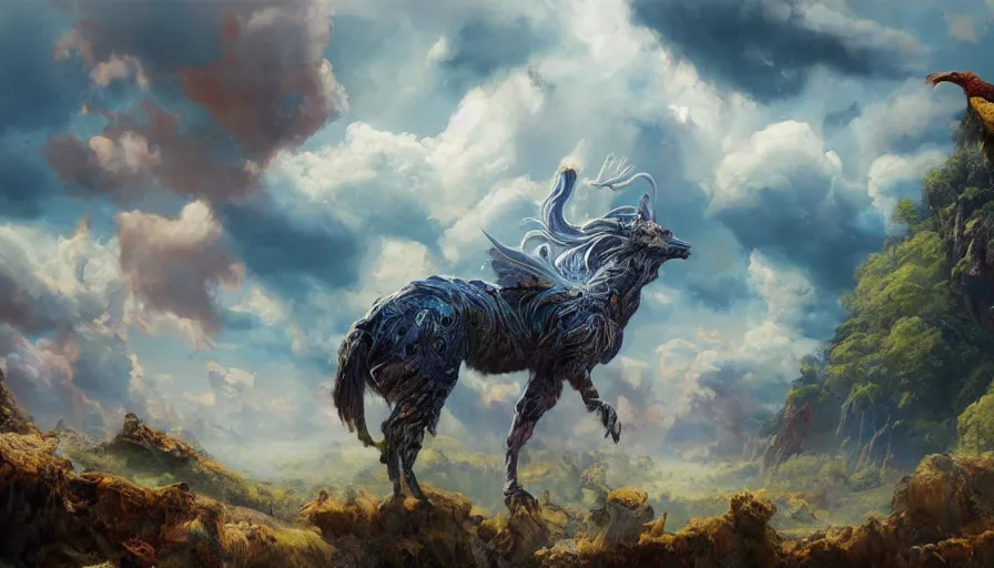 Image similar to excellent painted mythical creature in a surreal landscape in another dimension with fluffy clouds, painted by Hans Fredrik Gude, Greg Rutkowksi, Craig Mullins and Artgerm, concept art 2022, 4k, ultra realistic highly detailed oil painting