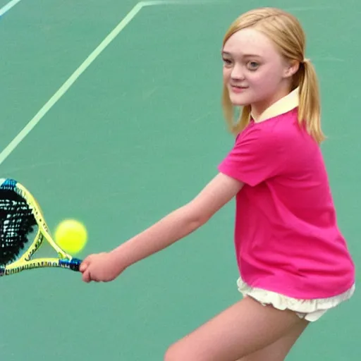 Prompt: elementary schooler drawing of Dakota Fanning playing tennis