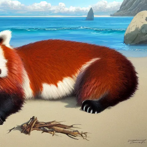 Image similar to commissioned artwork of a furry anthro red panda sunbathing on the beach, painted todd lockwood, jeff easley, greg rutkowski, james gurney, artgerm, digital art, trending on artstation