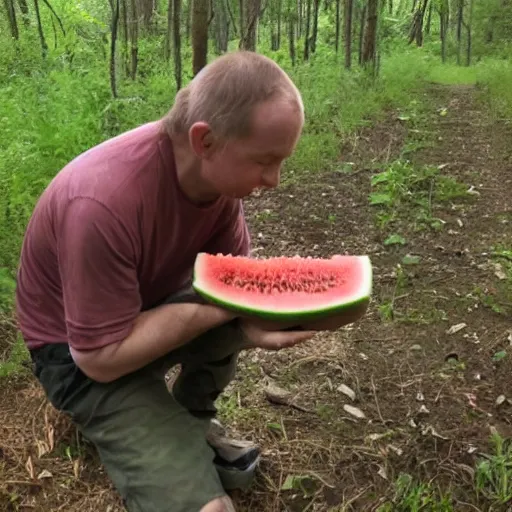 Prompt: trail cam footage of gollum eating watermelon,