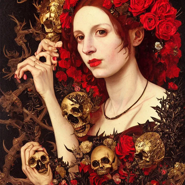 Image similar to portrait of a woman with a golden skull instead of a head, a wreath of thorns, a dress of bones and roses, horns, snakes, smoke, flames, full-length, oil painting in a renaissance style , very detailed, red background, painted by Caravaggio, Greg rutkowski, Sachin Teng, Thomas Kindkade, Alphonse Mucha, Norman Rockwell, Tom Bagshaw.