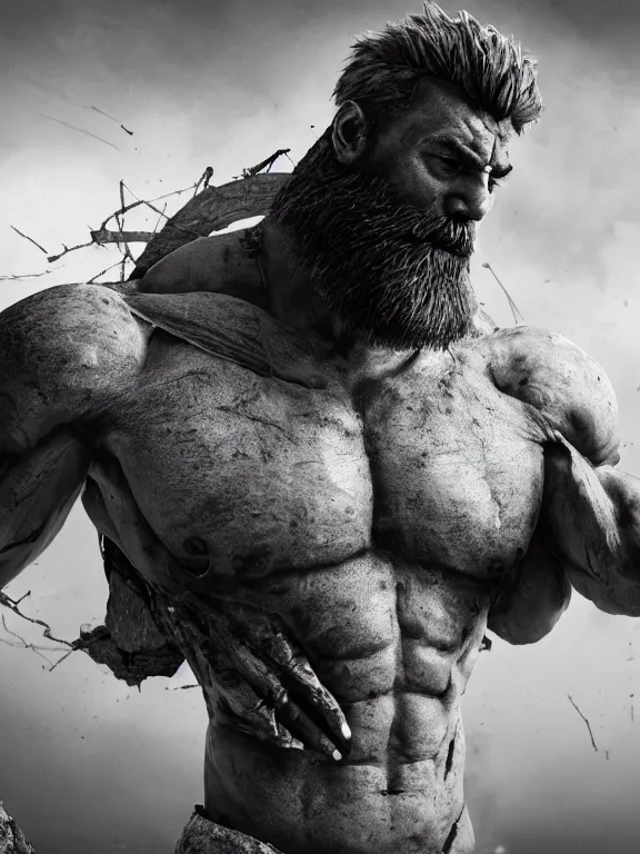 Image similar to a muscular man wearing torn clothes carrying a giant stone on his back, big beard, bold, hyperrealistic, concept art, octane render, unreal engine 5, trending on artstation, high quality, 8 k, anatomically correct, five fingers, digital art, symmetrical, low contrast, epic scene, cinematic, dramatic lighting, high coherence