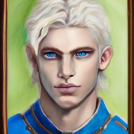 Image similar to oil painting of a beautiful platinum blond curly haired cleanshaven himbo with heterochromia, one blue eye one green eye, wearing heavy armor, d & d fantasy concept art