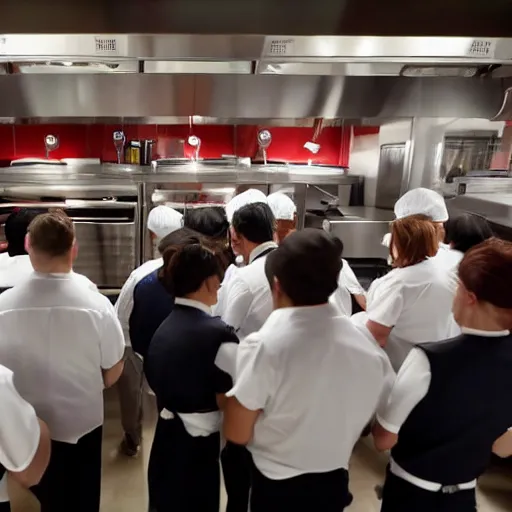 Image similar to gordon ramsay yelling at mcdonald's employees in the mcdonald's kitchen on kitchen nightmares. the employees are lined up and in their mcdonald's uniforms. 4 k broadcast