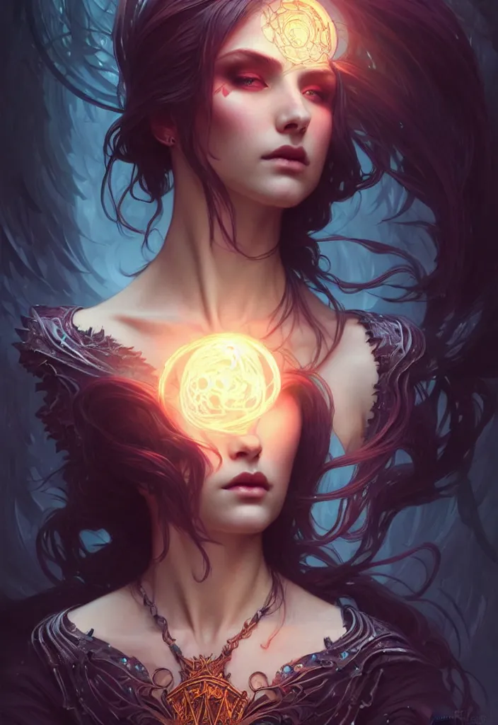 Image similar to Necromancer Sorceress, fantasy magic, undercut hairstyle, dark light night, intricate, elegant, sharp focus, illustration, highly detailed, digital painting, concept art, matte, art by WLOP and Artgerm and Greg Rutkowski and Alphonse Mucha, masterpiece