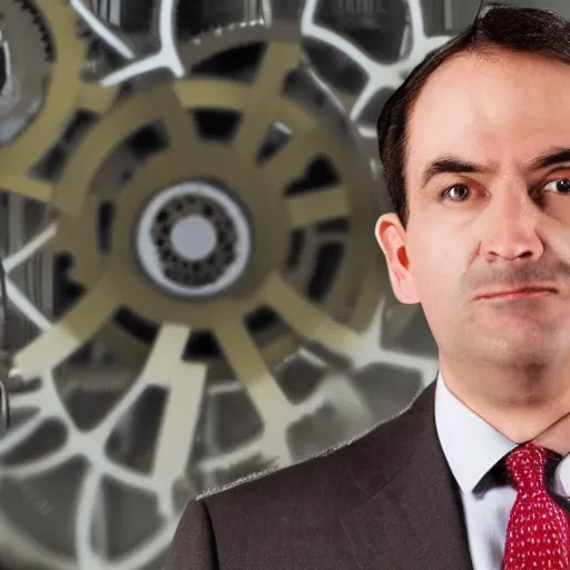 Prompt: fine photograph of a stateful well - dressed politician whose head is filled with trippy cogs and gears