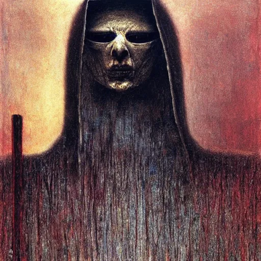 Image similar to The faceless god of chaos in a hood with a scarlet scythe by zdislav beksinski