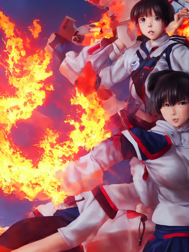 Image similar to Portrait of a Japanese schoolgirl with short hair in school uniform causing flames in a moment of rage with GUNDAM on background, ultra detailed, artstation, 8k, photorealistic, digital anime art.