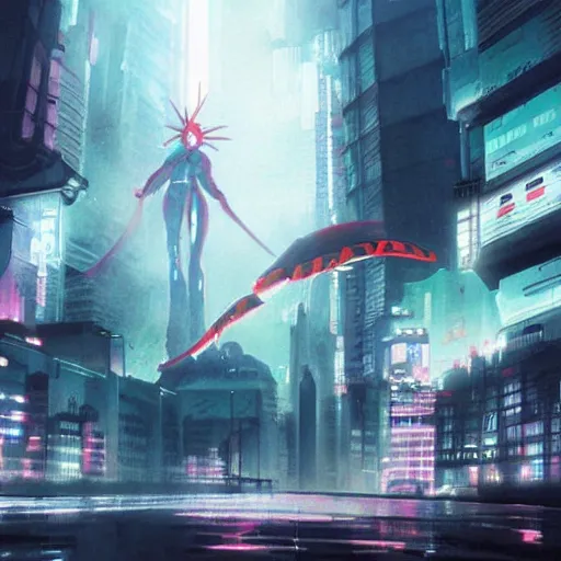 Prompt: neo tokyo evangelion dystopian future, matte painting, art station, high resolution