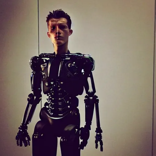 Image similar to “a realistic detailed photo of a guy who is the terminator robot, a cyborg consisting of living tissue over a robotic endoskeleton, who is a male android, Tom Holland, posing like a statue, blank stare”