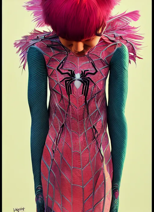 Image similar to spiderman with an pink eccentric haircut wearing an dress made of feathers dancing on stage, artwork made by ilya kuvshinov, inspired in donato giancola, hd, ultra realistic, reflection, flowers, light, realistic face, bird tattoo, trending on pixiv, 8 k, ray tracing, glorious