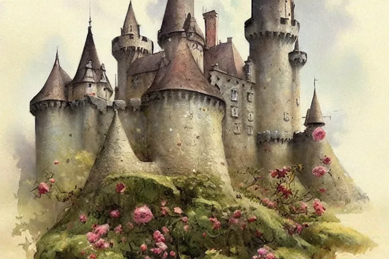 Prompt: 1950s castle muted colors. by Jean-Baptiste Monge!!!!!!!!!!!!!!!!!!!!!!