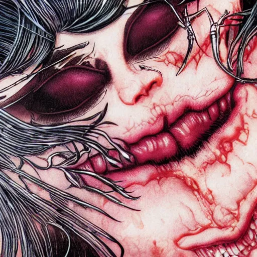 Prompt: closeup of vampire kiss, wax, by yoichi hatakenaka, masamune shirow, josan gonzales and dan mumford, ayami kojima, takato yamamoto, karol bak