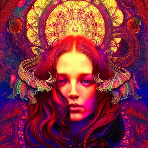 Image similar to An extremely psychedelic experience, colorful, surreal, dramatic lighting, magic mushrooms, psilocybin, LSD, face, detailed, intricate, elegant, highly detailed, digital painting, artstation, concept art, smooth, sharp focus, illustration, art by Krenz Cushart and Artem Demura and alphonse mucha