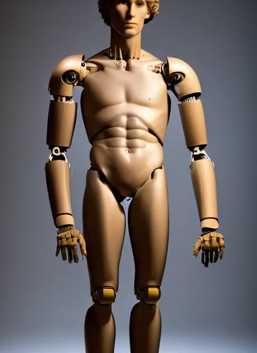 Prompt: a humanoid robot with an adult male human looking face is the statue david by michelangelo, polaroid, flash photography, photo taken in a dark storage room where you can see empty shelves in the background,