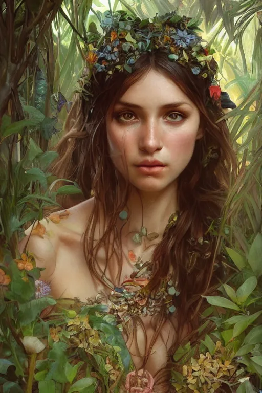 Image similar to ultra realistic illustration, bohemian girl in jungle, close up, staring directly into camera, intricate, elegant, highly detailed, digital painting, artstation, concept art, smooth, sharp focus, illustration, art by artgerm and greg rutkowski and alphonse mucha