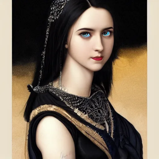 Prompt: full body portrait of a dark haired girl with blue eyes, gentle round face, with a bright smile, intricate detailed black goth dress, highly detailed, deep focus, elegant, digital painting, smooth, sharp focus, golden ratio, illustration, ultra realistic, 8 k, art by artgerm, caravaggio and vittorio reggianini