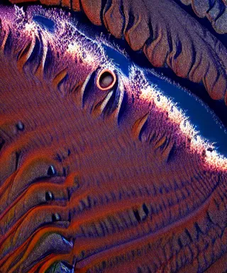 Image similar to An incredible matte photograph of an alien landscape taken from a satellite looking straight down, Nikon D5 Sigma 50–500mm lens, ambient occlusion, volumetric lighting, rtx ray tracing, unreal engine, psychedelic colors, by Vadim Sadovski artstation, Lighting by Charly Vanlaere artstation