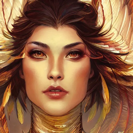 Prompt: cute flying phoenix, sparkling eyes, embers in her eyes, shining eyes, sharp features, flowing fiery feathers, highly detailed, digital painting, artstation, concept art, smooth, sharp focus, beautiful feathers, expressive eyes, illustration, phoenix art by Artgerm and greg rutkowski and alphonse mucha