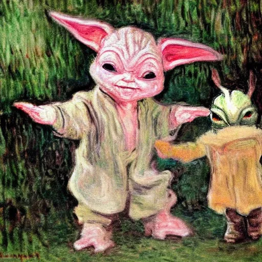 Prompt: baby yoda dancing with the Mandalorian, by claude monet, ultra detail