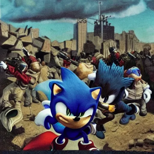 Image similar to hyper realistic Sonic the Hedgehog commit war crimes in Yugoslavia in 1998, military chronicle, realistic, in style of Francisco Goya , dark art, ray tracing, smooth