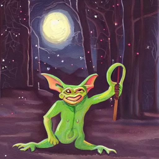 Image similar to a painting of a goblin in a suburban neighborhood, at night