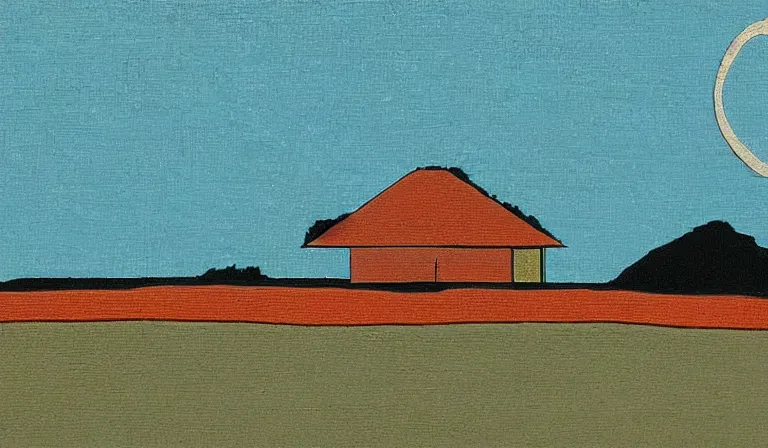 Prompt: A serene landscape with a singular building in the style of Michael Shrijver.