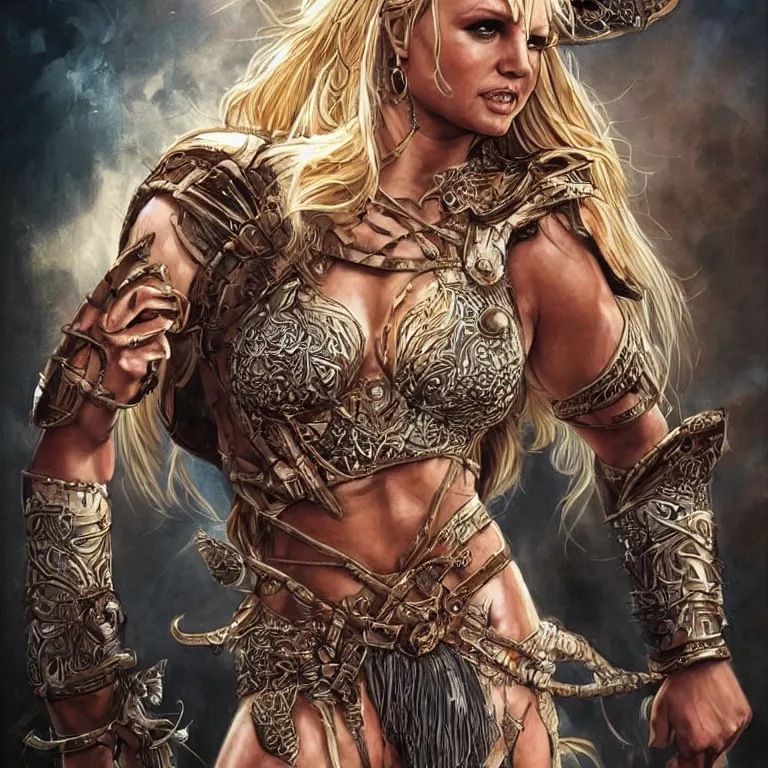 Prompt: a young britney spears as an amazon warrior, a tall beautiful woman with brown skin and long hair, dressed in hellenistic body armor, intricate, elegant, highly detailed, smooth, sharp focus, detailed face, art by ardian syaf