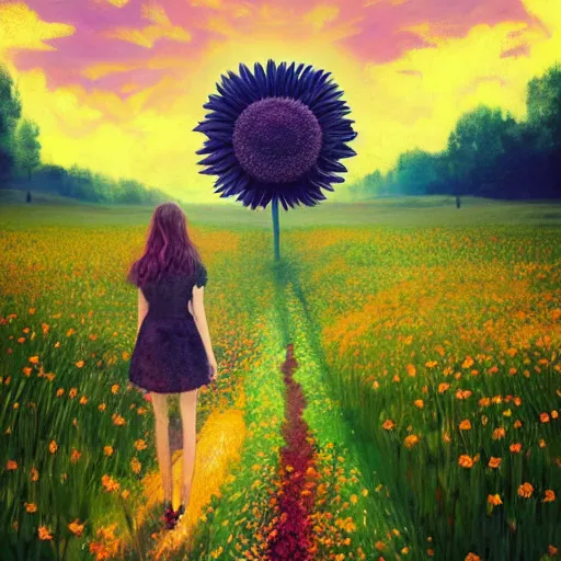 Image similar to giant daisy flower as a head, girl walking in flower field, surreal photography, sunrise, dramatic light, impressionist painting, colorful clouds, digital painting, artstation, simon stalenhag