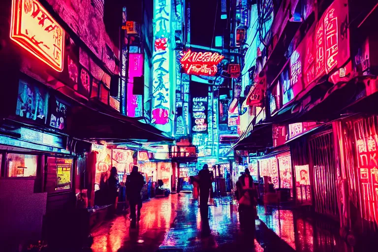 Image similar to a city street filled with lots of neon signs, cyberpunk art by liam wong, pinterest, shin hanga, anime aesthetic, streetscape, photo taken with ektachrome