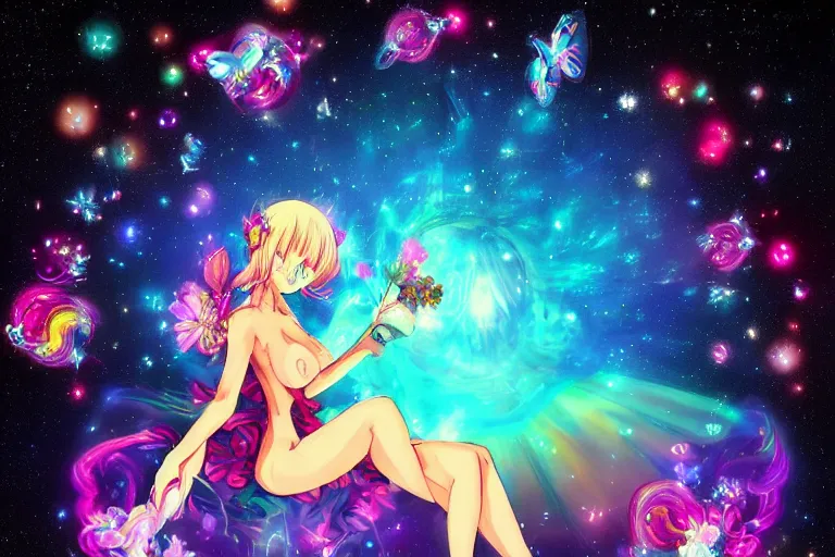 Prompt: psychedelic, full body picture, whimsical, anime, 4k, beautiful lusty woman smoking a bong, with professional makeup, long trippy hair, a crystal and flower dress, sitting in a reflective pool, surrounded by gems, underneath the stars, rainbow fireflies, trending on patreon, deviantart, twitter, artstation, volumetric lighting, heavy contrast, art style of Ross Tran and Miho Hirano and Ilya Kuvshinov