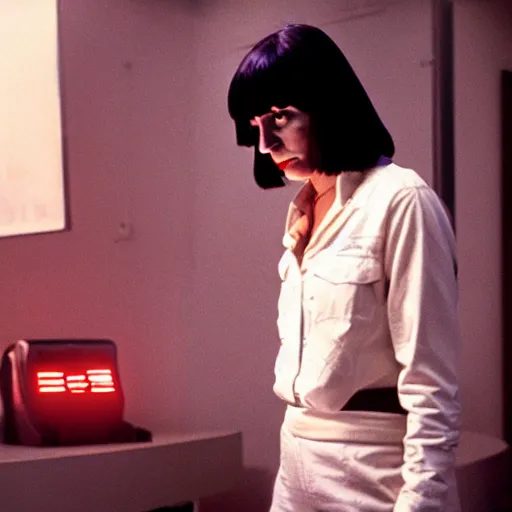 Image similar to movie still of robot mia wallace, cinematic composition, cinematic light, criterion collection, by edgar wright