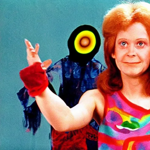Image similar to still from 1981 live-action children's tv show about a middle-aged woman who enters an eyeball cult color