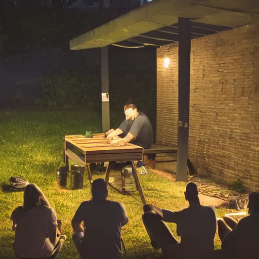 Prompt: It's a deep night, in the yard, in the distance two guys are grilling kebabs and chatting about the meaning of life, in the foreground on the left by the garage wall is a long table and two long benches with six girls and four guys sitting on them, one guy has an acoustic guitar and another guy is vaping, and to the right in the foreground is a vegetable garden, and one guy stepped in the bed by accident, and the other two guys are pulling him out of it