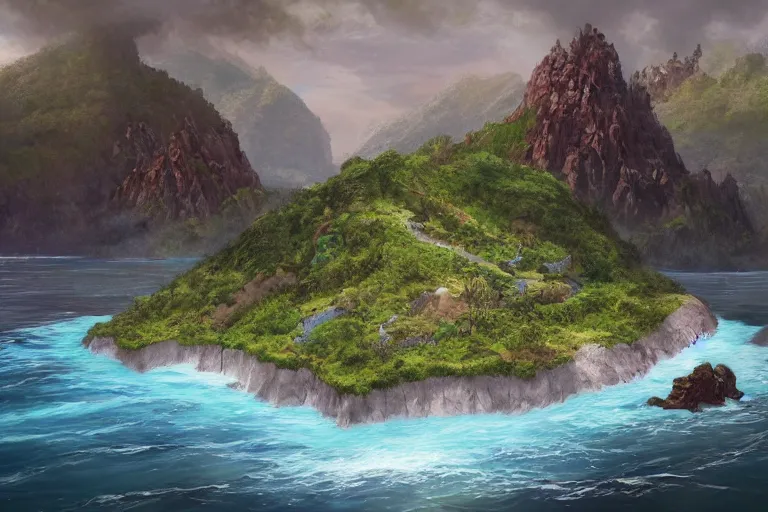 Prompt: an island from afar with forests and a mountain in open ocean, art by john avon, artstation, highly detailed, magic the gathering art