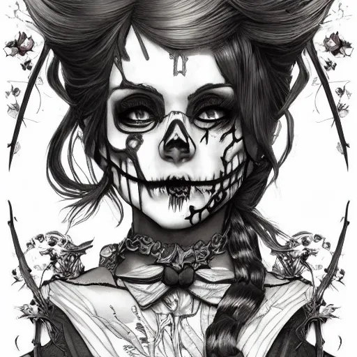 Image similar to anime manga skull portrait young woman, alice in wonderland, Disney, skeleton, intricate, elegant, highly detailed, digital art, ffffound, art by JC Leyendecker and sachin teng
