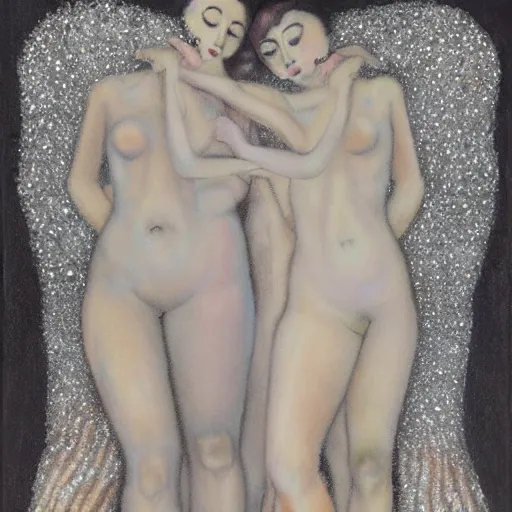 Prompt: a group of human bodies intertwined, foggy, faces made up of diamonds, in the style of sardax, rothko, klimt