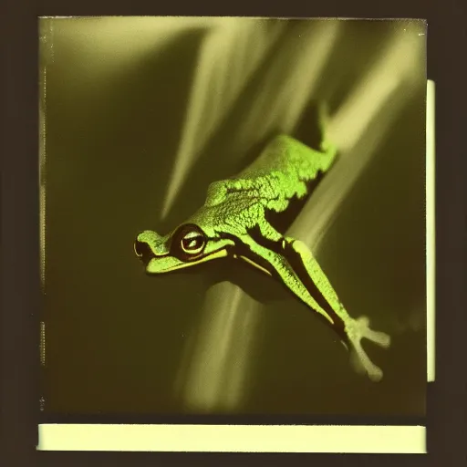 Image similar to flying frog, polaroid photography in style of andrey tarkovski, paranormal, spiritual, mystical, sublime
