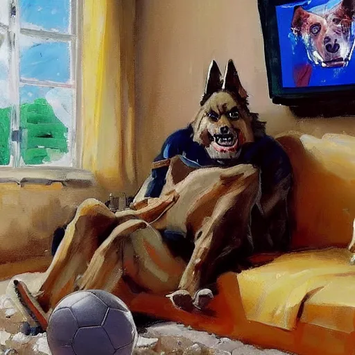 Image similar to a humanoid german shepherd beast - man, sitting and watching a soccer match in his house on television, he has hurt his knee and is a dad, by erin hanson, alexi zaitsev, karl spitzweg, award winning, tv set