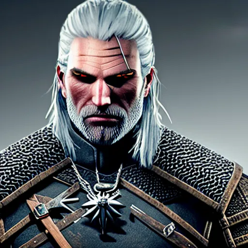 Prompt: geralt of rivia witcher, highly detailed, photorealistic portrait, bright studio setting, studio lighting, crisp quality and light reflections, unreal engine 5 quality render